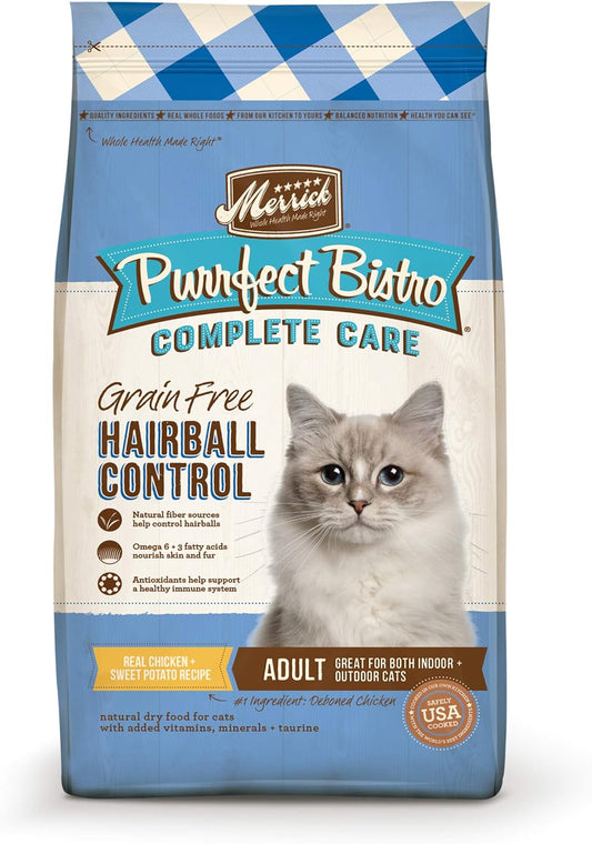 Merrick Purrfect Bistro Grain Free Cat Food, Complete Care Hairball Control Dry Cat Food Recipe - 12 lb. Bag