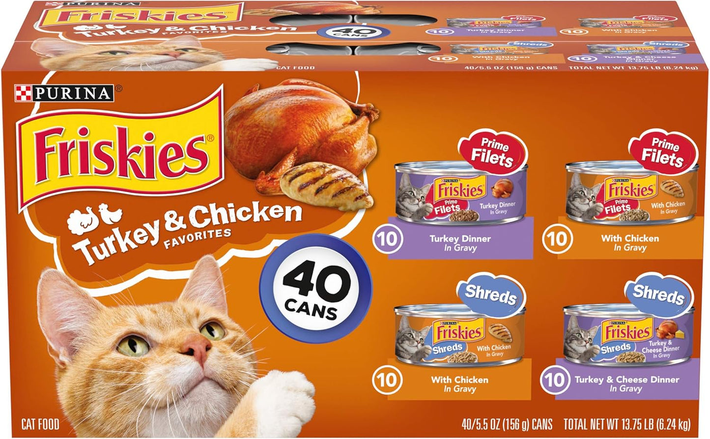 Purina Friskies Gravy Wet Cat Food Variety Pack, Prime Filets & Shreds Turkey & Chicken Favorites - (40) 5.5 oz. Cans