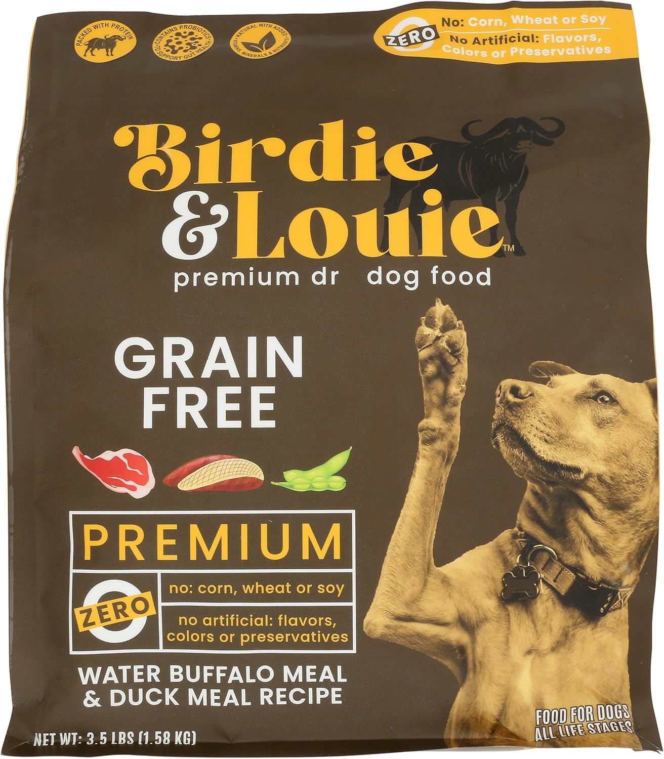 Birdie & Louie Water Buffalo Meal & Duck Meal Recipe Dry Dog Food, Grain Free, Preservatives Free, 3.5 LB (Pack of 4)