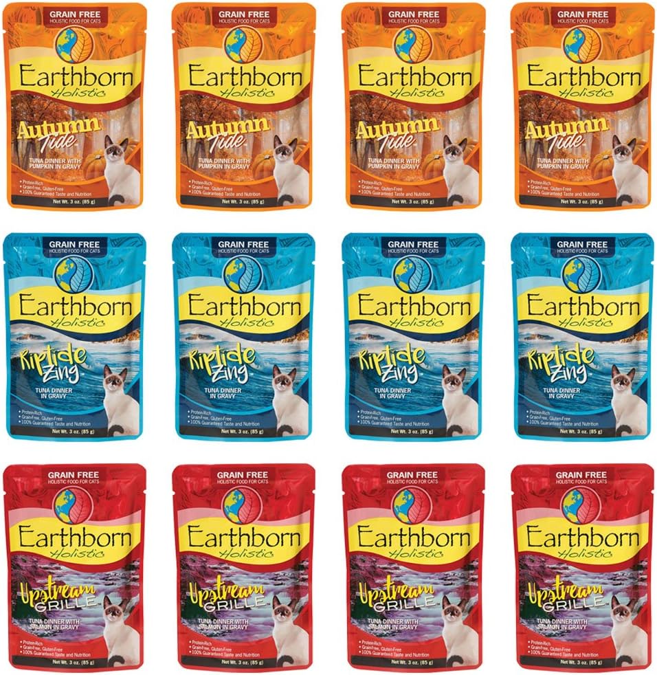 Earthborn Holistic Grain Free Wet Cat Food in Gravy Pouches - 3 Ounces Each - 3 Flavors - Riptide Zing, Autumn Tide, and Upstream Grill (12 Pouches Total)