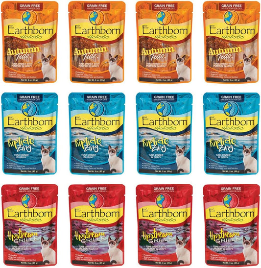 Earthborn Holistic Grain Free Wet Cat Food in Gravy Pouches - 3 Ounces Each - 3 Flavors - Riptide Zing, Autumn Tide, and Upstream Grill (12 Pouches Total)