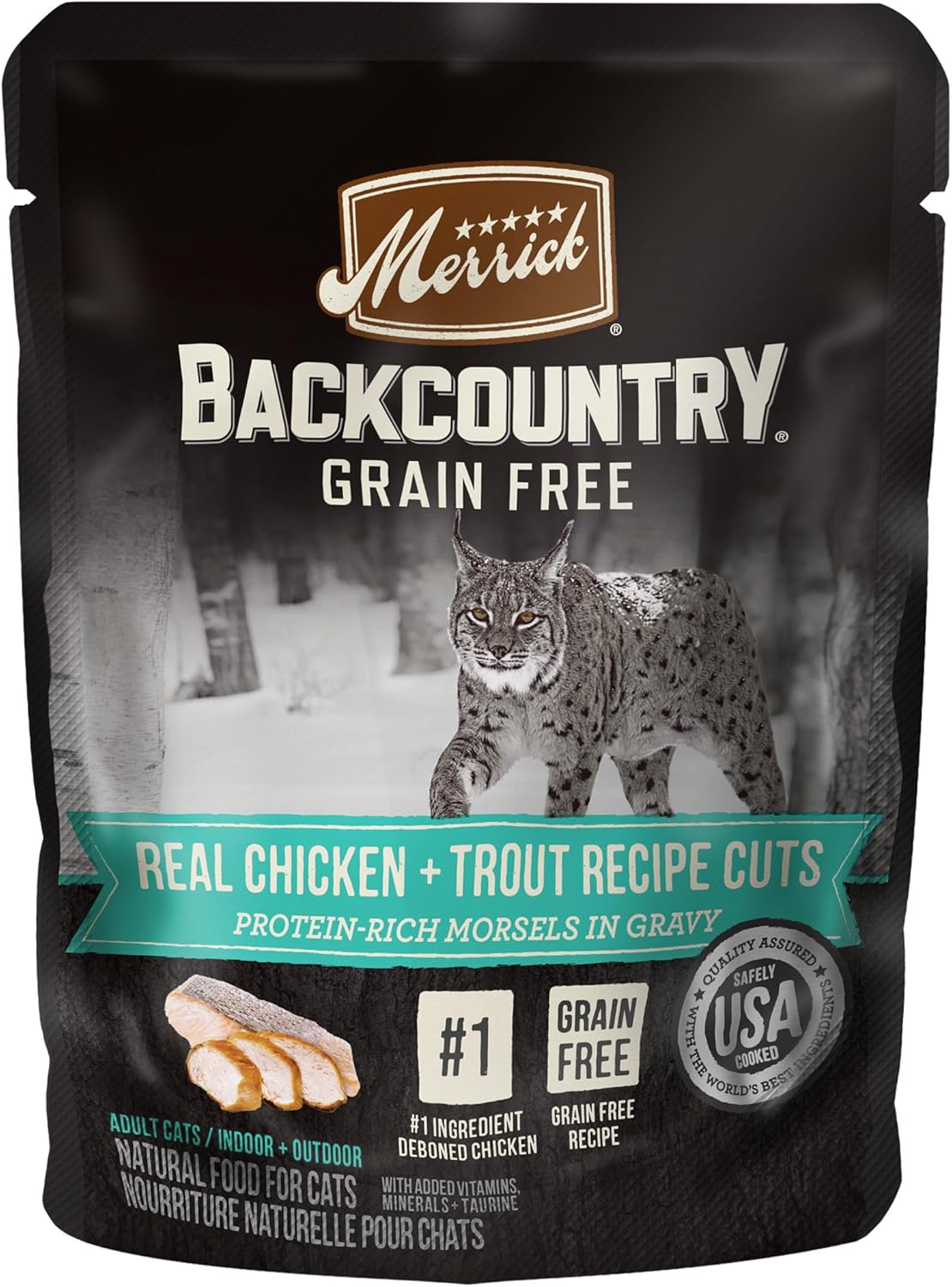 Merrick Backcountry Grain Free Gluten Free Premium Wet Cat Food, Chicken and Trout Recipe Cuts With Gravy - (Pack of 24) 3 oz. Pouches