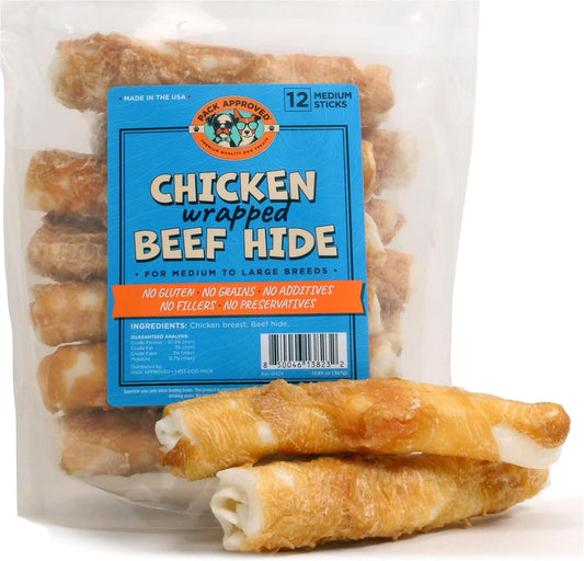 Chicken Wrapped Rawhide Dog Beef Sticks - Long Lasting Dog Chews for Aggressive Chewers - Chicken Wrapped Dog Treats for Medium Dogs - Beef Sticks for Dogs Rawhide Chews - M (Pack of 12)