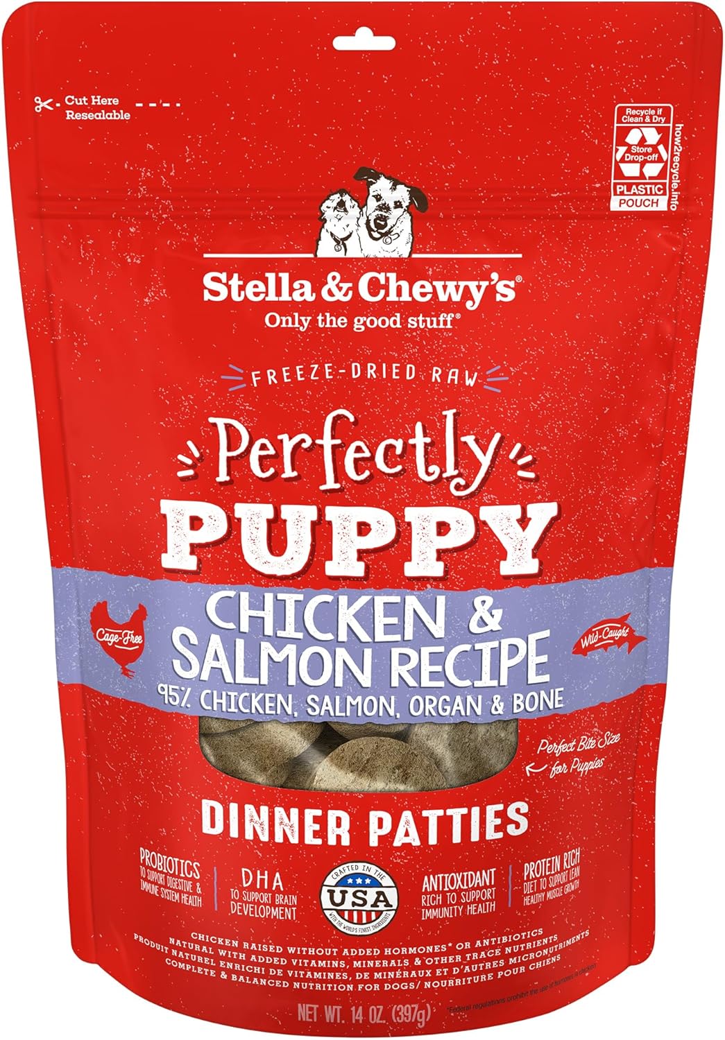 Stella & Chewy's Freeze Dried Raw Dinner Patties \u2013 Crafted for Puppies \u2013 Grain Free, Protein Rich Perfectly Puppy Chicken & Salmon Recipe \u2013 14 oz Bag