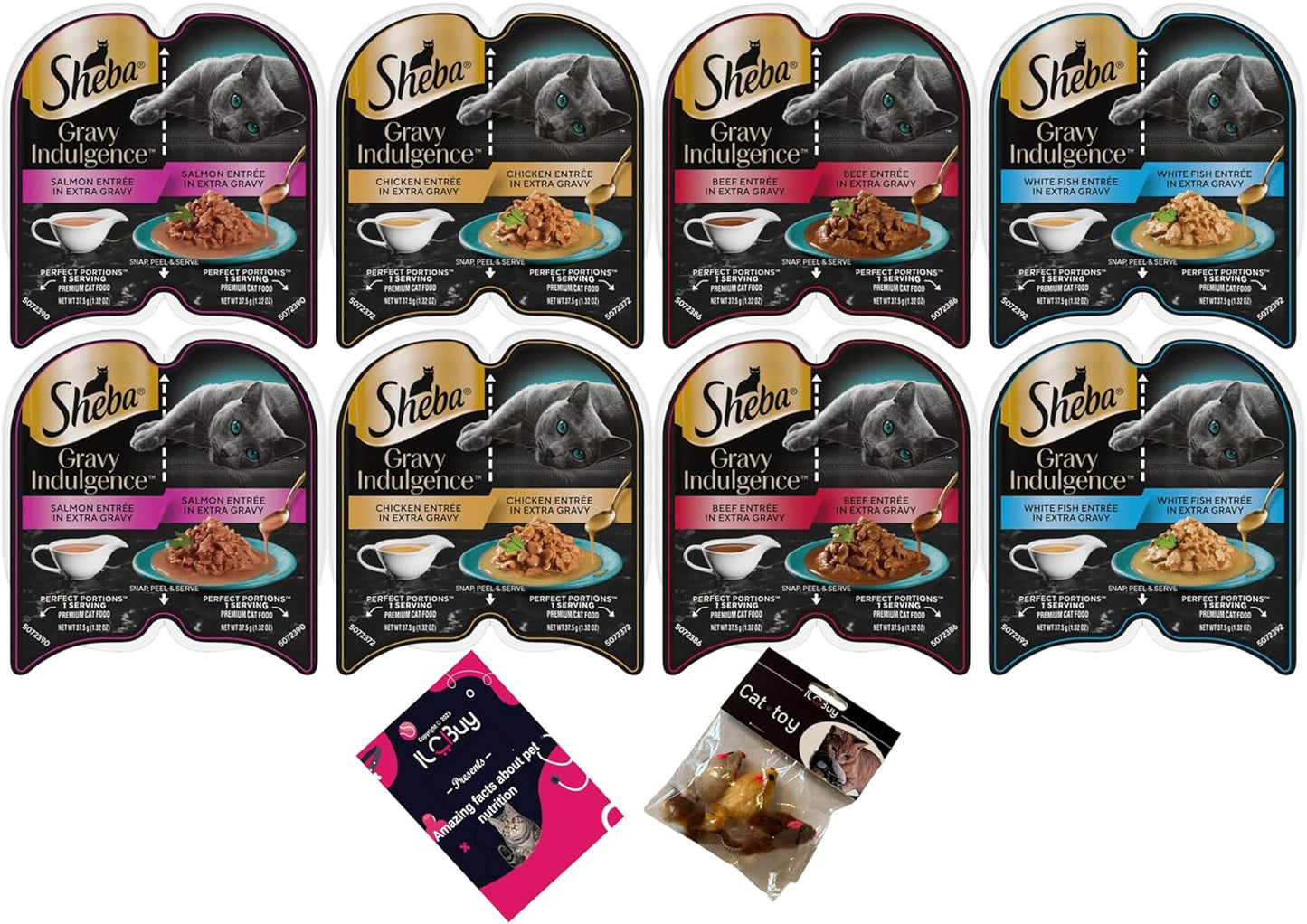 Gravy Indulgence Bundle, Includes 04 Flavors(02 Trays Each Flavor),Salmon, Chicken, Beef and Whitefish. Plus a kit with 03 Mouse Toys and a Pet Nutrition Booklet.