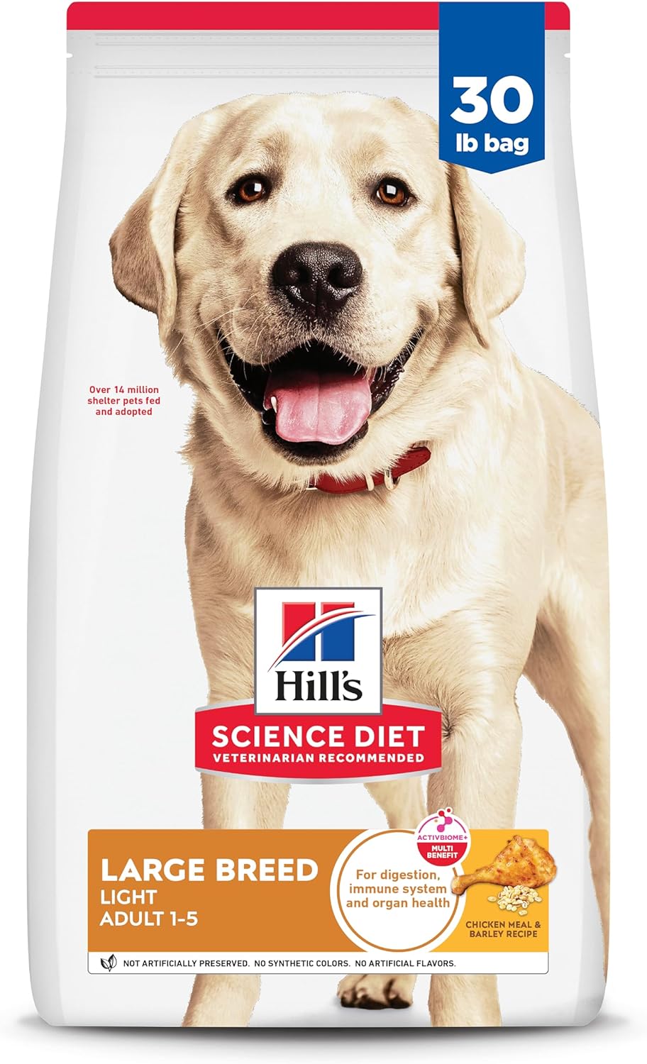 Hill's Science Diet Light, Adult 1-5, Large Breed Weight Management Support, Dry Dog Food, Chicken & Barley, 30 lb Bag