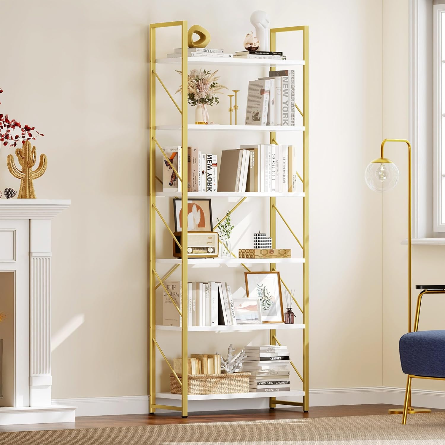 YITAHOME Tall Bookshelf 6 Tier Bookcase, Modern Gold Book Shelf, Open Display Storage Rack Shelves for Living Room\/Bedroom\/Home\/Office\/Kitchen, Holder Organizer for Books\/Movies, White & Gold