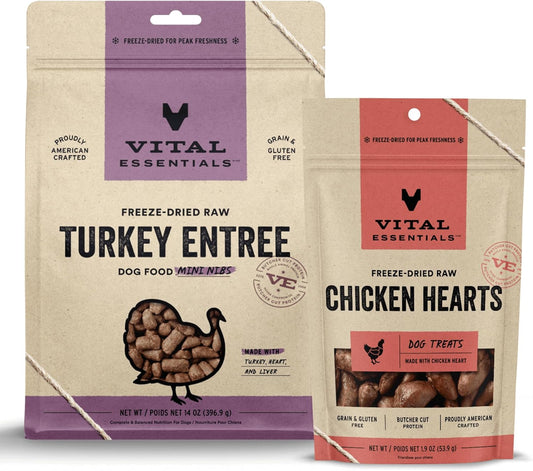 Vital Essentials Freeze Dried Turkey Mini Nibs Dog Food (14 oz) & Chicken Hearts Dog Treats (1.9 oz) Bundle