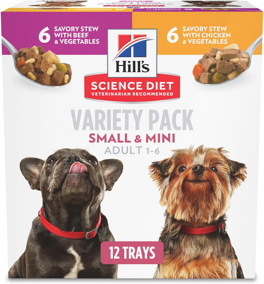 Hill's Science Diet Small & Mini, Adult 1-6, Small & Mini Breeds Premium Nutrition, Wet Dog Food, Variety Case: Chicken & Vegetables; Salmon & Vegetables Stew, 3.5 oz Tray Variety Case, Case of 12