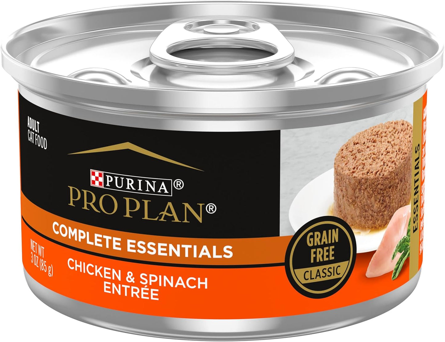 Purina Pro Plan Grain Free Pate Wet Cat Food, COMPLETE ESSENTIALS Chicken & Spinach Entree Classic - (Pack of 24) 3 oz. Pull-Top Cans