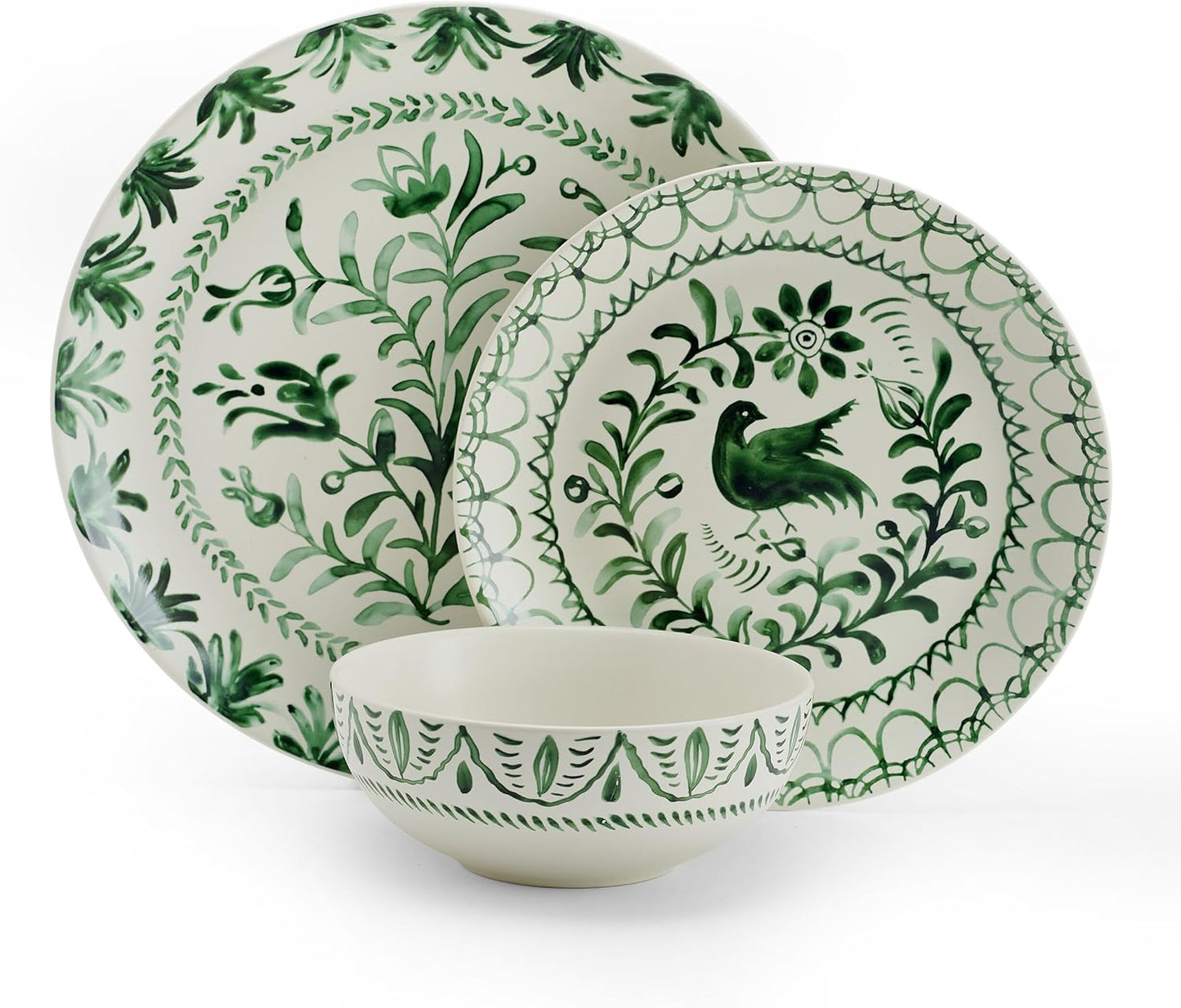 Fitz and Floyd Sicily Green 12 Piece Dinnerware Plate Bowl Set, Service for 4