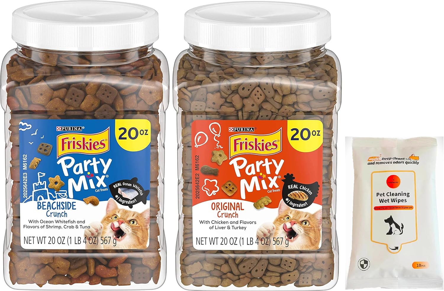 Aurora Pet Variety Pack (2) Party Mix Crunchy Cat Treats (1) Original (1) Beachside (20-oz Each) with AuroraPet Wipes