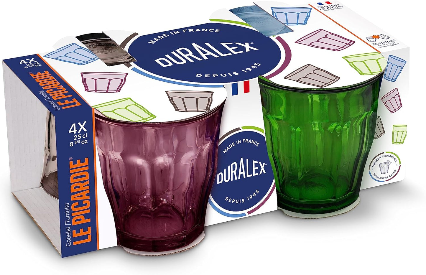 Duralex Made In France Picardie Glass Tumbler Drinking Glasses Set of 4. Size 8-3\/8 oz, Mixed Colors: Plum, Green Marine Blue, Grey.