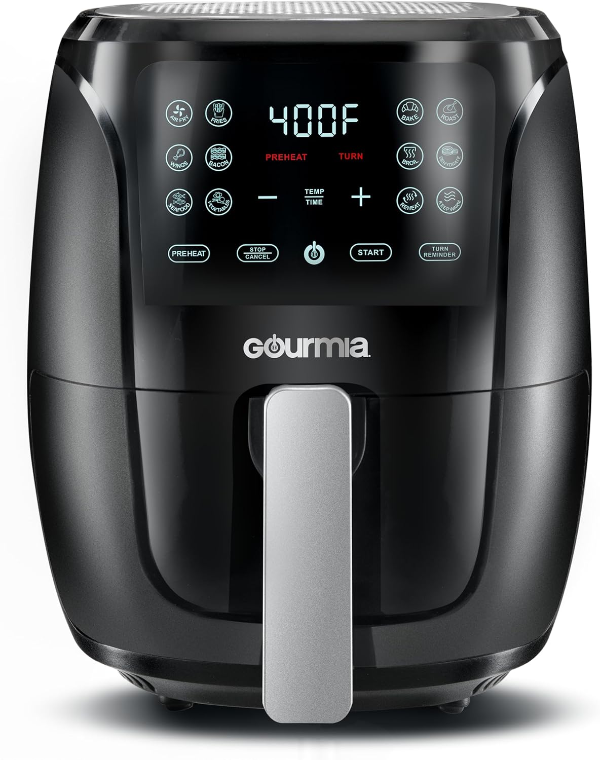 Gourmia Air Fryer Oven Digital Display 4 Quart Large AirFryer Cooker 12 1-Touch Cooking Presets, Black and Stainless Steel Accents Fry Force GAF486