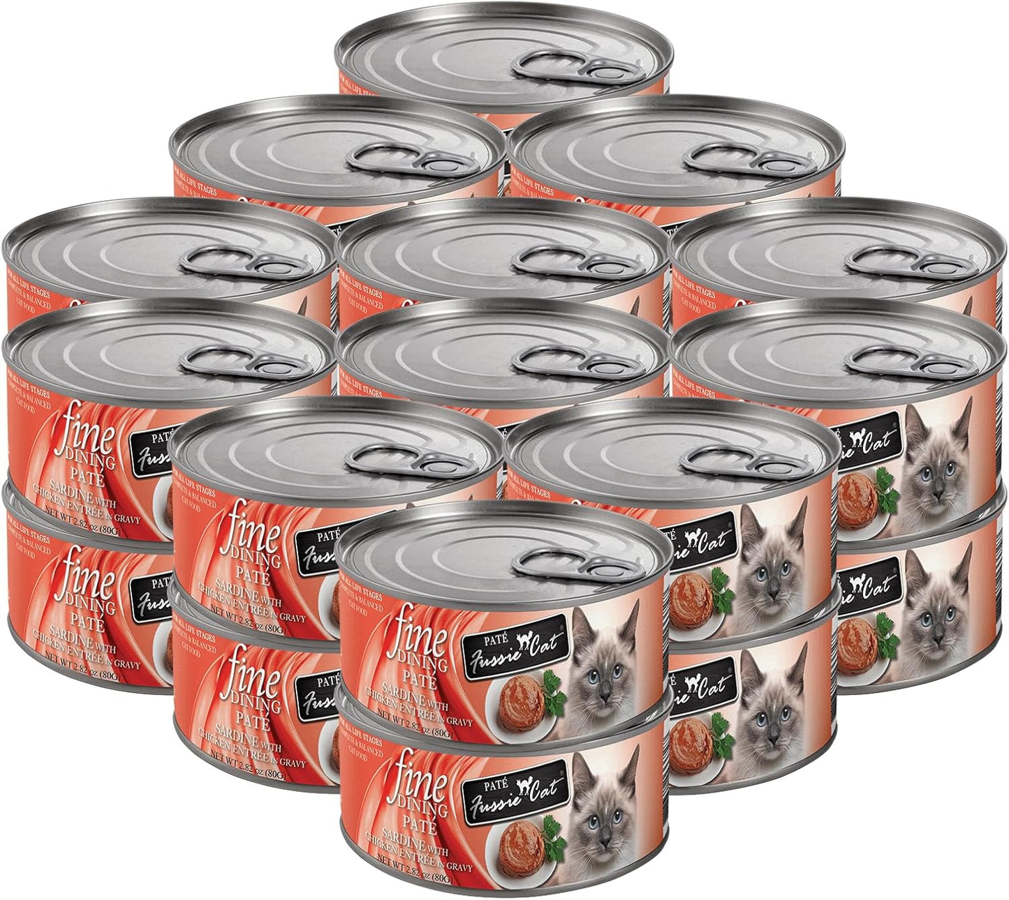 Fussie Cat Fine Dining Pate Sardine with Chicken Entrée Wet cat Food, 2.82oz can, case of 24