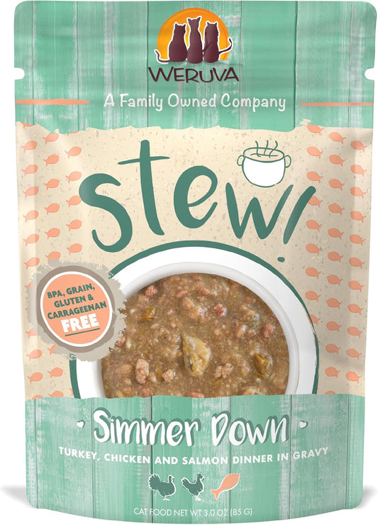 Weruva Classic Cat Stews!, Simmer Down with Turkey, Chicken & Salmon in Gravy, 3oz Pouch (Pack of 12)