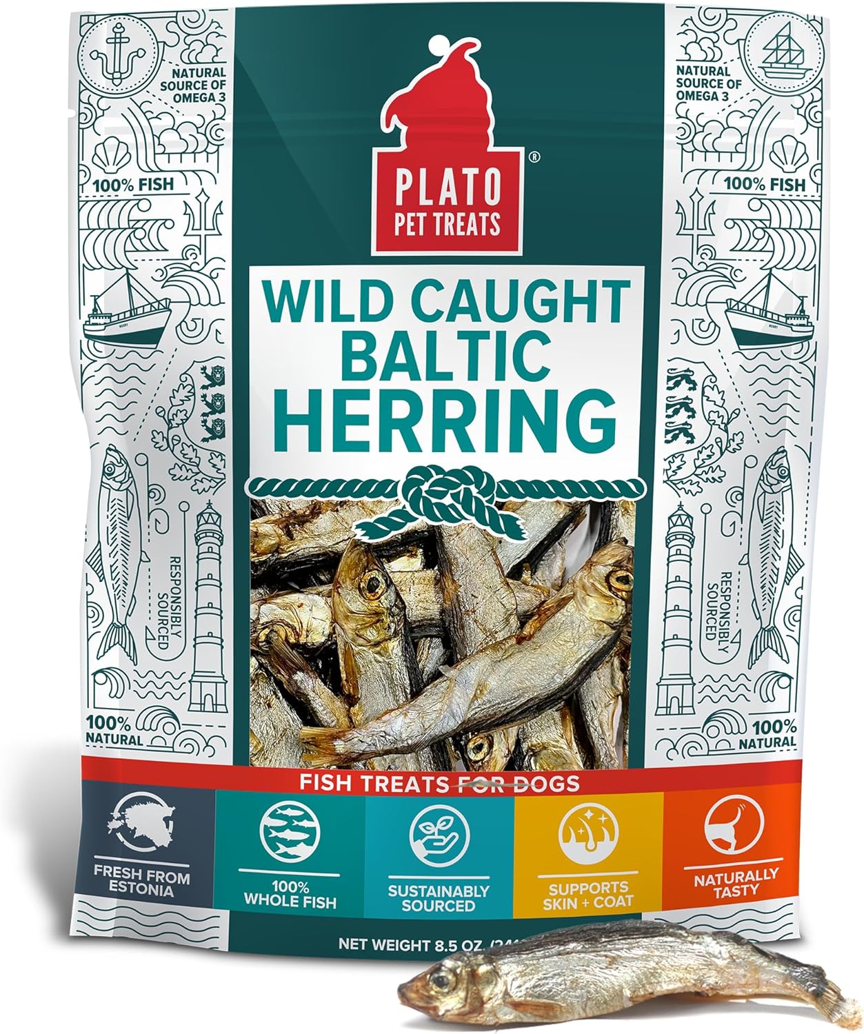 PLATO Pet Treats Fish Dog Treats - Air-Dried, Single Ingredient Dog Treat - with Omega 3 & 6 Fatty Acids to Support Skin and Coat - 100% Whole Fish - Wild Caught Baltic Herring Dog Treats - 8.5 oz