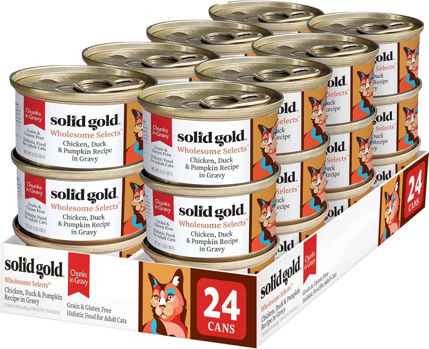 Solid Gold Wet Cat Food for Adult & Senior Cats 24 Pack - Wholesome Selects Chunks in Gravy - Made with Real Chicken & Duck for Healthy Digestion and Sensitive Stomach