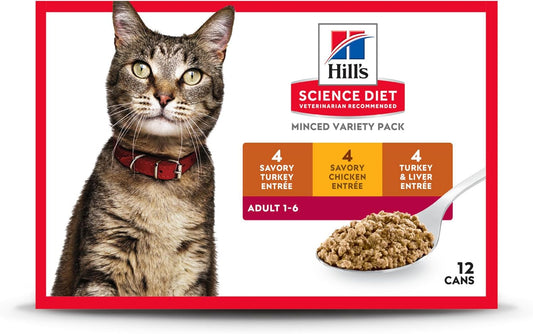 Hill's Science Diet Adult 1-6, Adult 1-6 Premium Nutrition, Wet Cat Food, Variety Pack: Turkey; Chicken; Turkey & Liver Minced, 5 oz Can Variety Pack, Case of 12