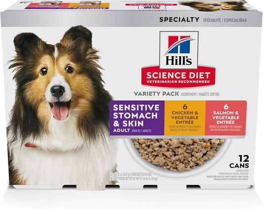 Hill's Science Diet Sensitive Stomach & Skin,Adult 1-6, Stomach & Skin Sensitivity Support,Wet Dog Food,Variety Pack:Chicken & Vegetables; Salmon & Vegetables Loaf,12.8 oz Can Variety Pack, Case of 12