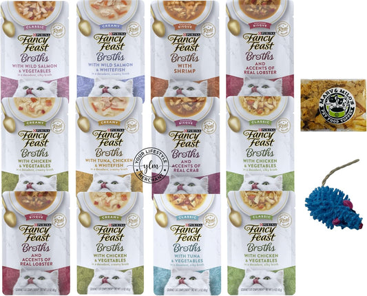 Broths for Cats Variety Pack with Marv & Milo's Bonito Fish Flakes Topper & Cat Nip Mouse, 12-1.4oz Pouches Total