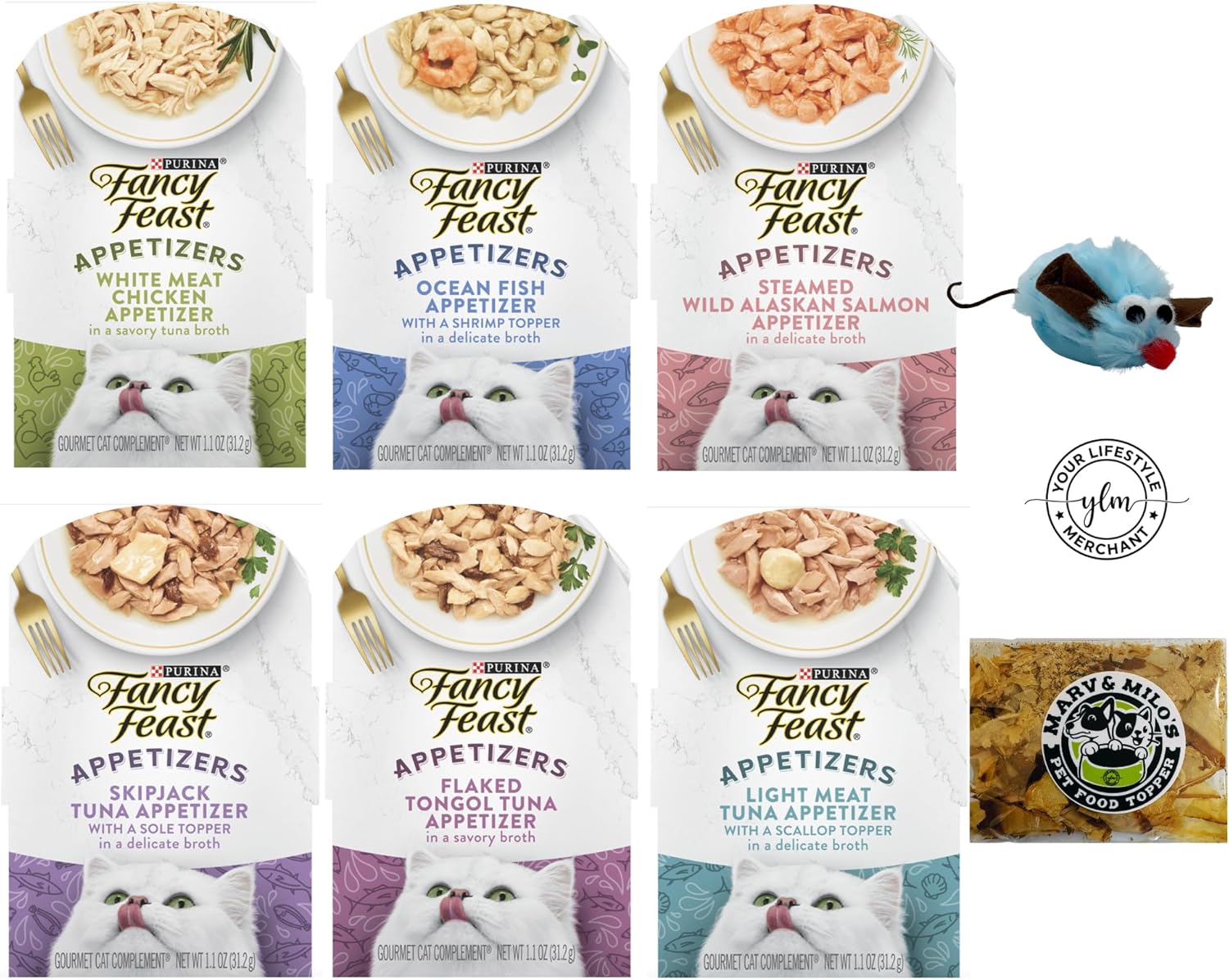 Appetizers for Cats Bundle Marv & Milo's Bonito Fish Flakes YLM Catnip Mouse with 1 Each Tongol Tuna, Salmon, Oceanfish, Chicken Beef, Skipjack Tuna Sole, Tuna Scallop 6 - 1.1oz Trays