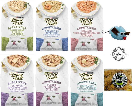 Appetizers for Cats Bundle Marv & Milo's Bonito Fish Flakes YLM Catnip Mouse with 1 Each Tongol Tuna, Salmon, Oceanfish, Chicken Beef, Skipjack Tuna Sole, Tuna Scallop 6 - 1.1oz Trays