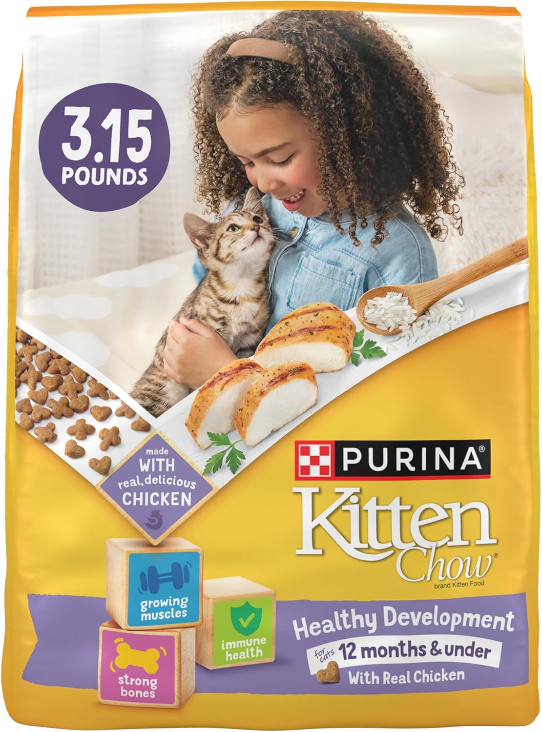 Purina Kitten Chow Kitten Food Healthy Development with Real Chicken Dry Kitten Food - (Pack of 4) 3.15 lb. Bags