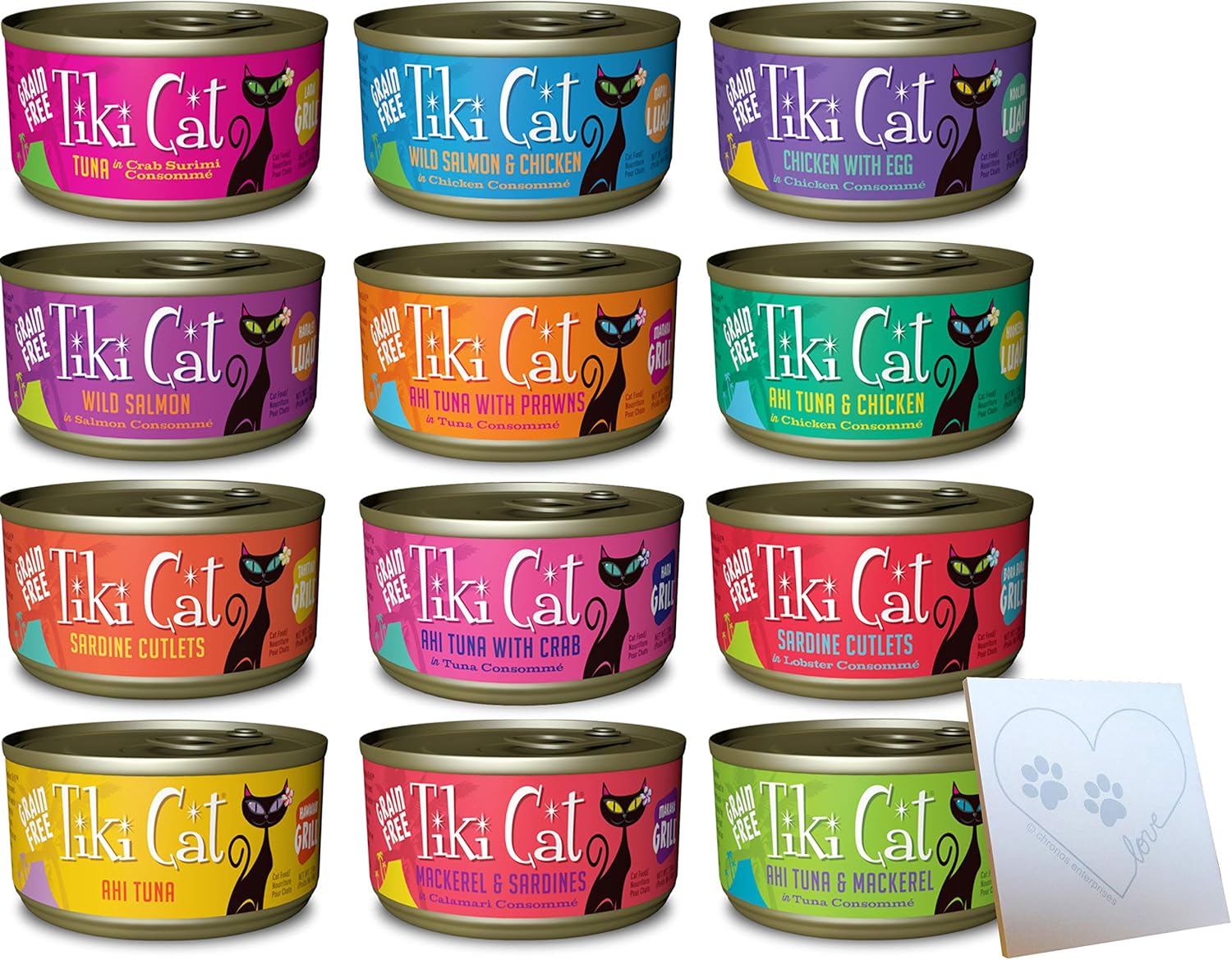 Grain-Free Huge Variety Pack - 12 Total Flavors: Hawaiian Grill, Lanai Tuna, Makaha Mackerel, Tahitian Grill, Bora Bora Sardine, and More! Plus Pet Paws Notepad (2.8oz Each, 12 Total Cans)