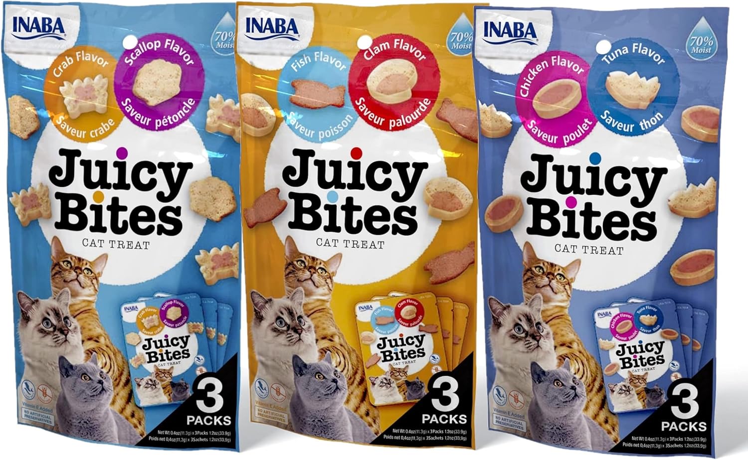 INABA Juicy Bites Grain-Free, Soft, Moist, Chewy Cat Treats with Vitamin E and Green Tea Extract, 0.4 Ounces per Pouch, 9 Pouches (3 per Pouch), 3 Flavor Variety Pack