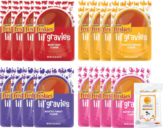 Aurora Pet Variety Pack (16) Lil' Gravies Lickable Cat Food Complement (4) Chicken (4) Turkey (4) Beef (4) Salmon (1.55-oz Each) with AuroraPet Wipes