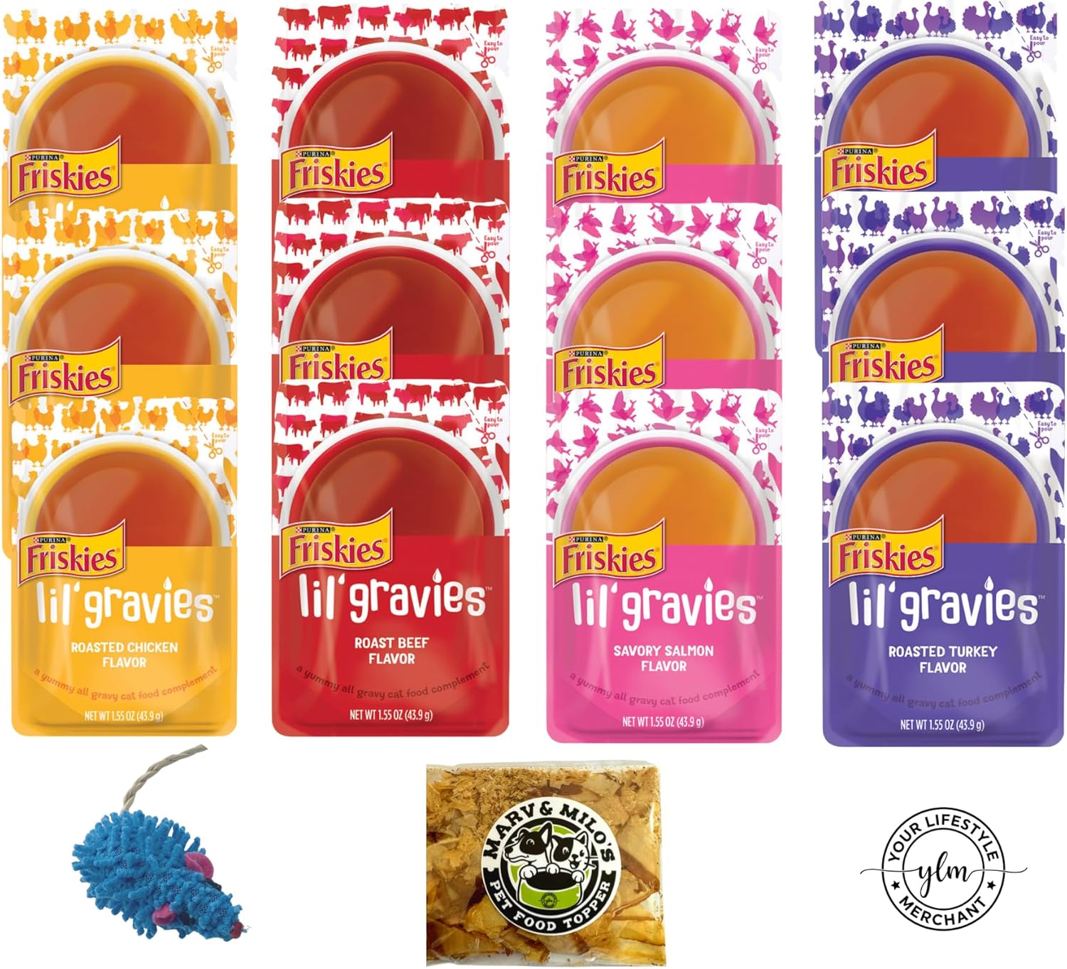 Lil' Gravies Variety Pack with Marv & Milo's Bonito Fish Flakes and Cat Nip Toy 3 of Each Flavor Savory Salmon, Roasted Chicken, Roasted Turkey & Roast Beef, 12 Pouches Total