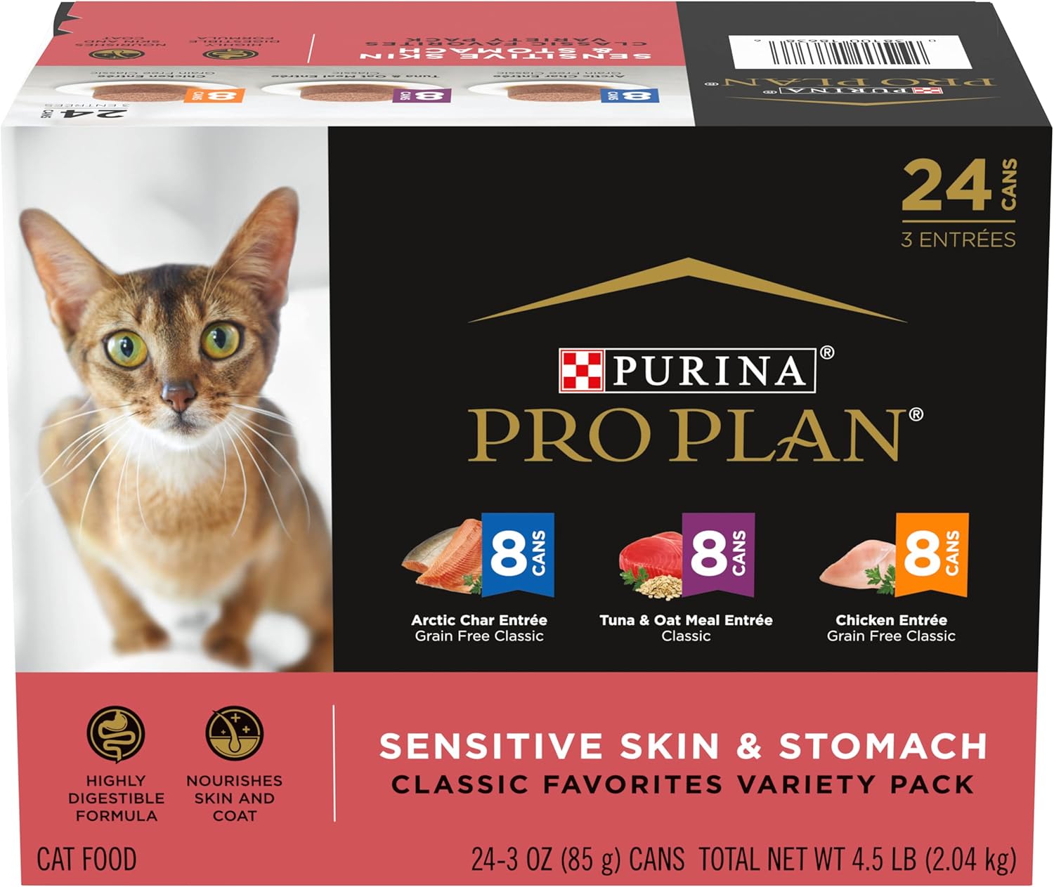 Purina Pro Plan Sensitive Skin and Stomach Wet Cat Food Variety Pack, Sensitive Skin and Stomach Entrees - (Pack of 24) 3 oz. Cans