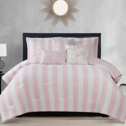 Juicy Couture Cabana Stripe Reversible Bedding Set - King Size - Dogwood Pink\/White Stripe Print \u2013 6 Piece Set \u2013 Includes 1 104" x 90" Comforter, 3 Decorative Pillows, 2 Shams