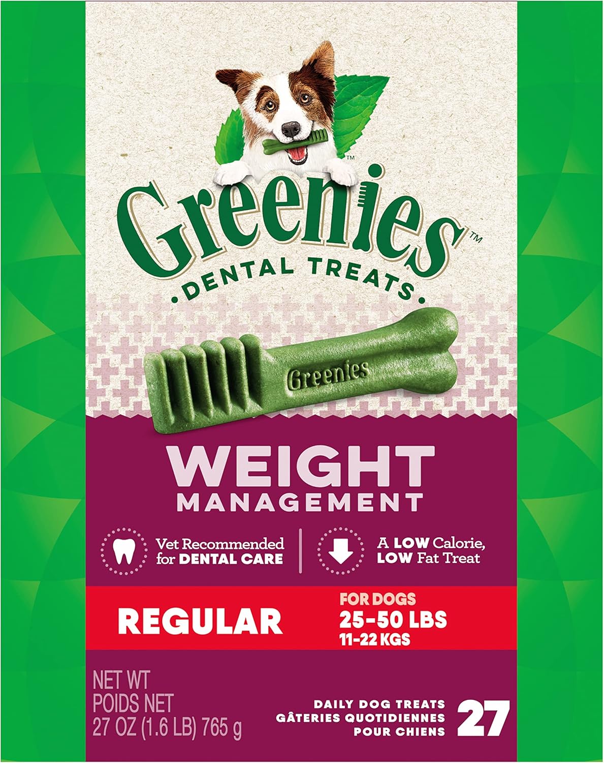 Greenies Weight Management Regular Natural Dog Dental Care Chews Weight Control Dog Treats, 27 oz. Pack (27 Treats)