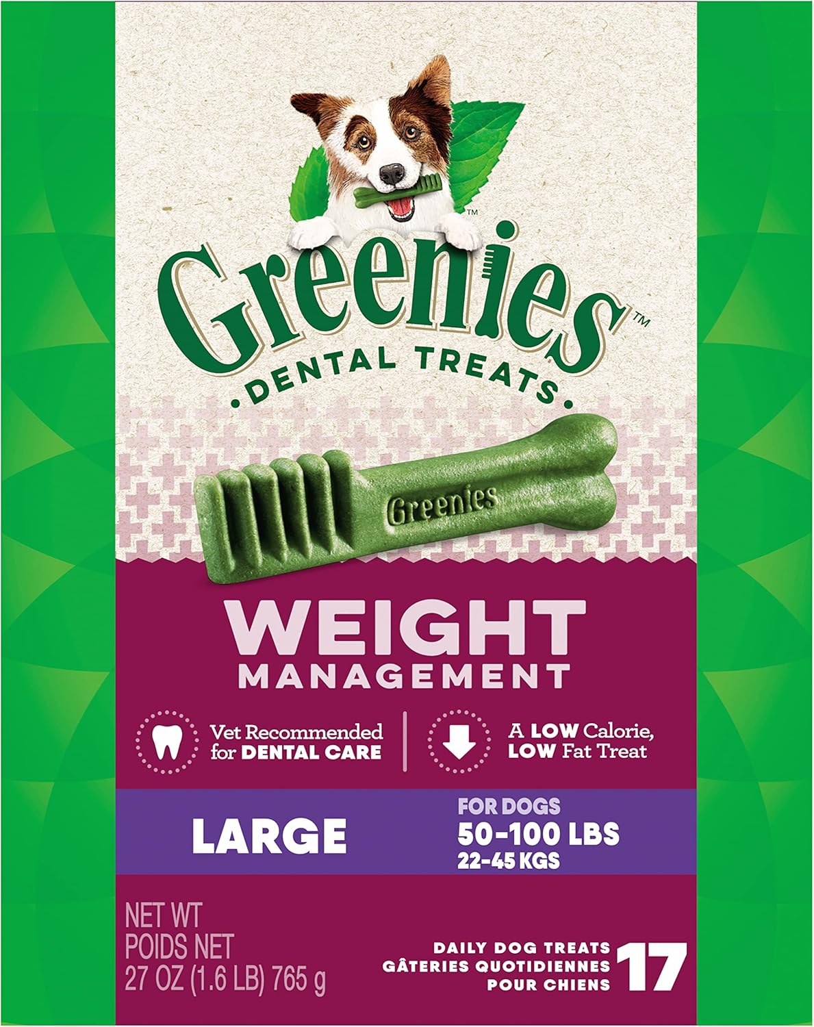 Greenies Weight Management Large Natural Dog Dental Care Chews Weight Control Dog Treats, 27 oz. Pack (17 Treats)