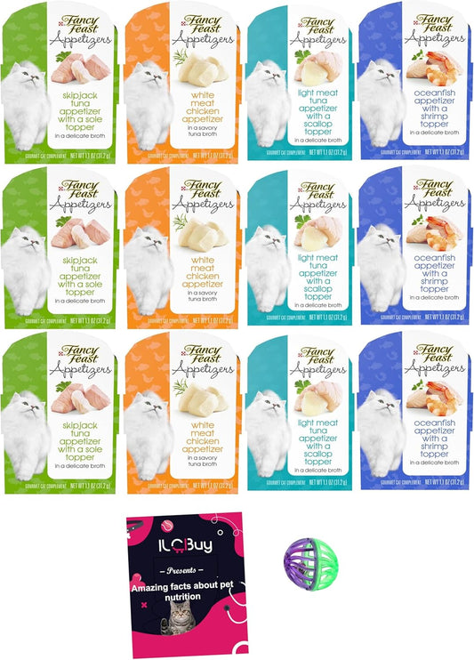 Purina Purely Fancy Feast Appetizers Cat Treats Flavor Variety Sampler Bundle of 12 Containers, (1.1 Ounces Each) with a Bundle a Plastic Noisy Cat Toy Ball and WMB's Sticker.