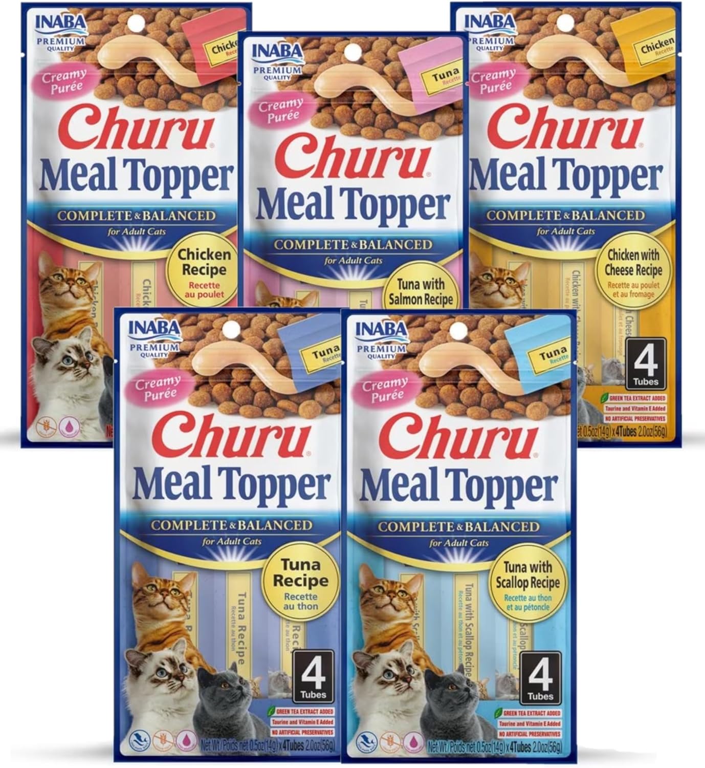 INABA Churu Meal Topper for Cats, Complete & Balanced, Creamy, Lickable Purée Cat Food Topper, 0.5 Ounce Tube, 20 Tubes (4 per Pack), 5 Flavor Variety Pack