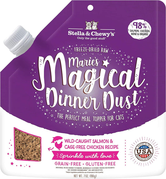 Stella & Chewy's Freeze-Dried Raw Marie\u2019s Magical Dinner Dust \u2013 Grain Free, Protein Rich Cat & Kitten Food Topper \u2013 Wild-Caught Salmon & Cage-Free Chicken Recipe \u2013 7 oz Bag