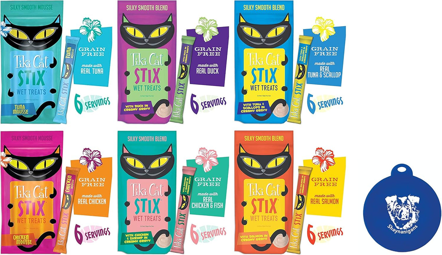 Tiki Cat Stix Wet Mousse Single-Serve Lickable Treats in 6-Flavor Variety Pack (6 Packs Total, 6 Stix per Pack, 36 Stix Total) Plus Shaynanigans Silicone Lid