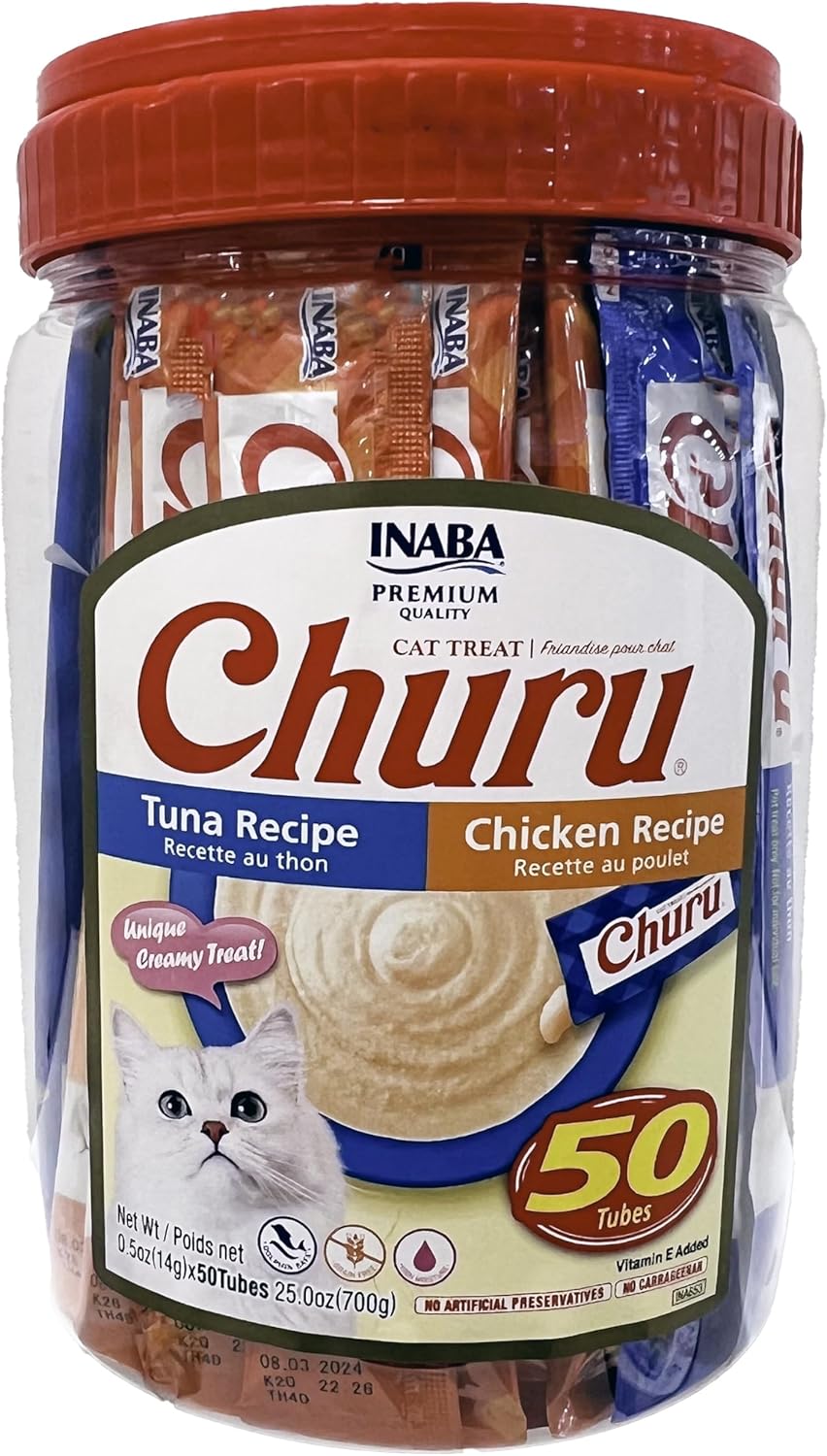 INABA Churu Cat Treats, Grain-Free, Lickable, Squeezable Creamy Purée Cat Treat\/Topper, 25 Tuna & 25 Chicken