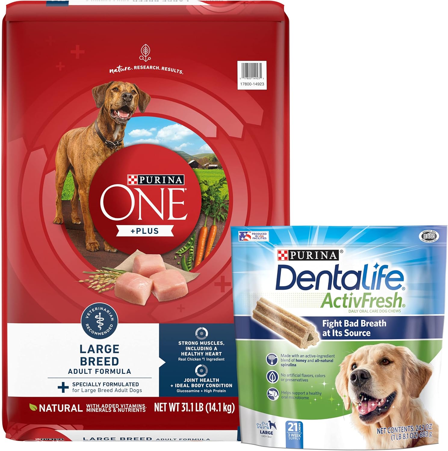 DentaLife Purina Bundle Pack Large Breed Dog Food and Treats, ONE +Plus Chicken Formula ActivFresh