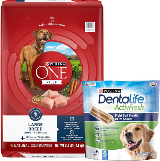 DentaLife Purina Bundle Pack Large Breed Dog Food and Treats, ONE +Plus Chicken Formula ActivFresh