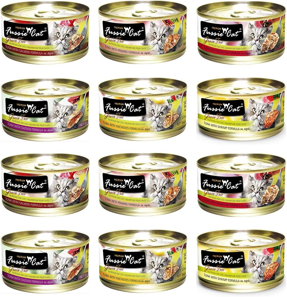 Fussie Cat Premium Grain-Free Canned Wet Food Variety Bundle - 2.8 Oz. - Tuna with Chicken, Tuna with Shrimp, Tuna with Oceanfish, Tuna with Salmon, Tuna with Mussels, and Tuna with Prawns (12 Pack)