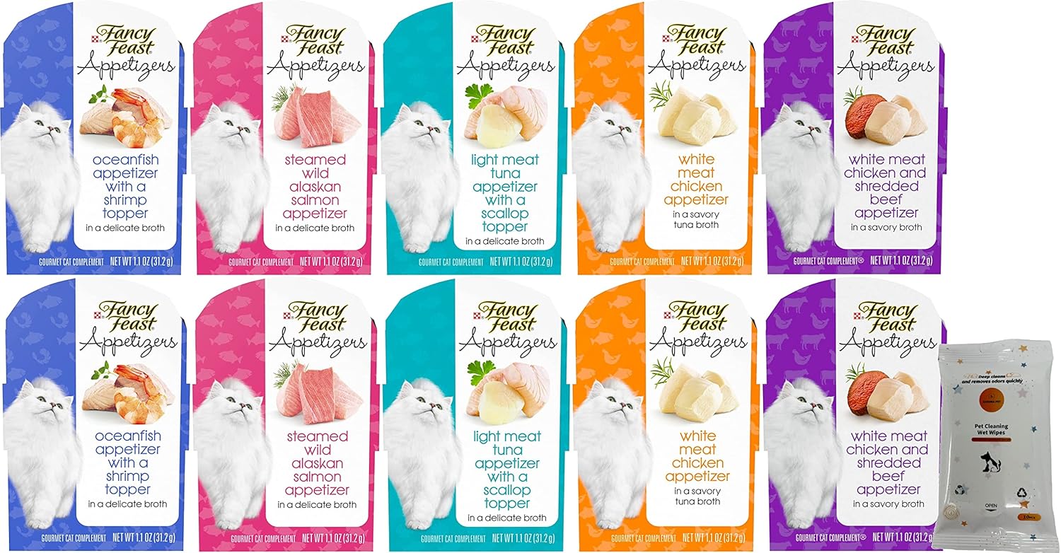 Aurora Pet Variety Pack (10) FF Appetizers Wet Cat Food (2) Oceanfish (2) Chicken (2) Tuna (2) Salmon (2) Chicken and Beef (1.1-oz Each) with AuroraPet Wipes