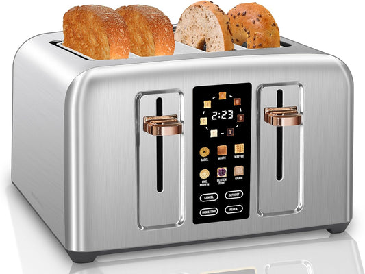 SEEDEEM Toaster 4 Slice, Full Touch control Toaster, LCD Display, 6 Bread Type, 7 Shade Settings, 1.4''Wide Slots，More Time Function, Removable Crumb Tray, 1800W, Silver Metallic