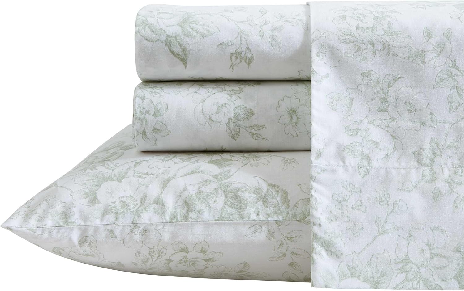 Laura Ashley - Queen Sheets, Cotton Percale Bedding Set, Lightweight & Breathable Home Decor (Toile Delight Green, Queen)