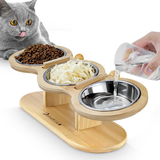 Elevated Cat Bowls, 15°Tilted Raised Cat Food Water Bowls Wood Pet Bowls with Stand Anti Vomiting 3 Stainless Steel Bowls for Cats and Puppy Small Dogs, Adjustable Dog Bowl Bamboo Stand