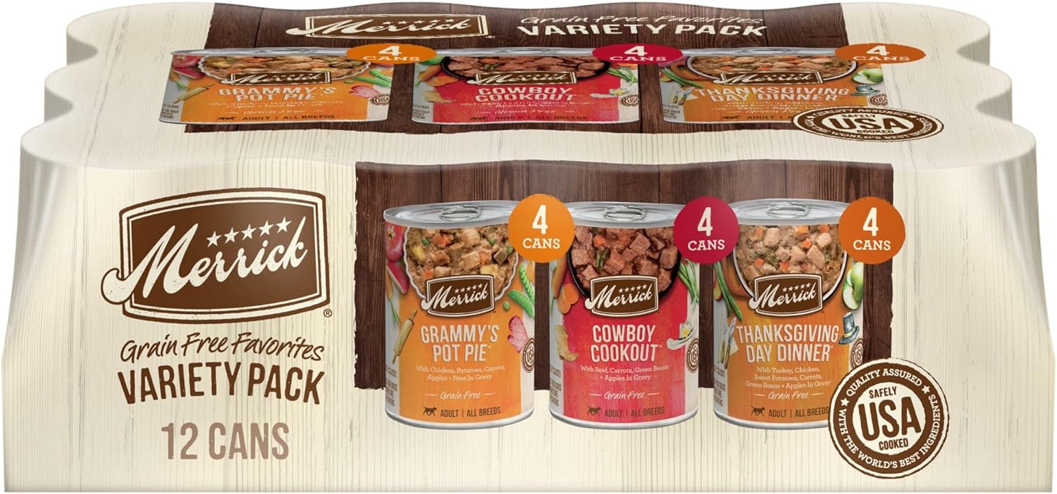 Merrick Grain Free Wet Dog Food Variety Pack, Grain Free Favorites Canned Dog Food - (12) 12.7 oz. Cans