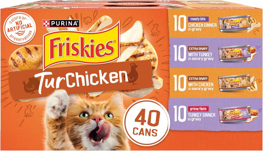 Purina Friskies Wet Cat Food Gravy Variety Pack, TurChicken Extra Gravy Chunky, Meaty Bits and Prime Filets - (Pack of 40) 5.5 oz. Cans